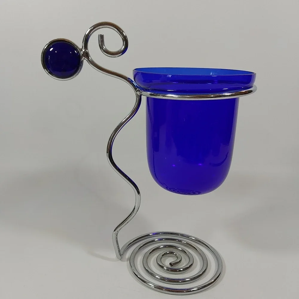 Vintage MCM‎ Cobalt Blue Glass Silver Tone Metal Coil Candle Holder 10